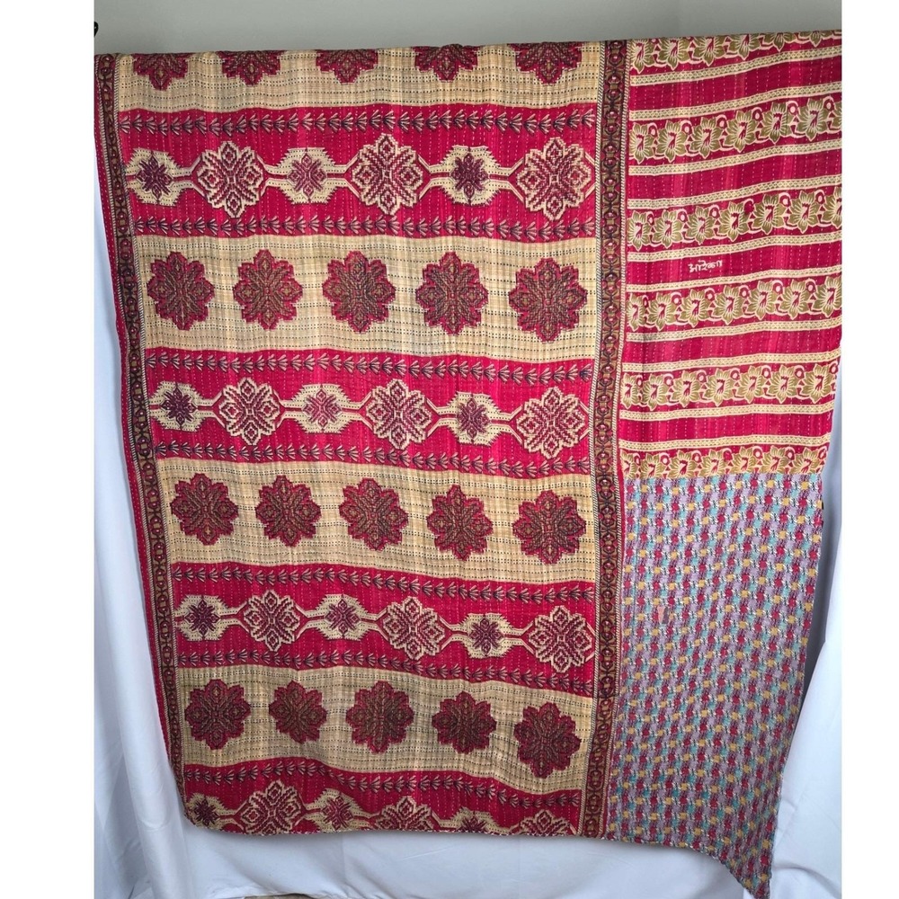 Unbranded Kantha Throw 50x80 Red Multic Hand Stitched Cotton Vintage Reversible